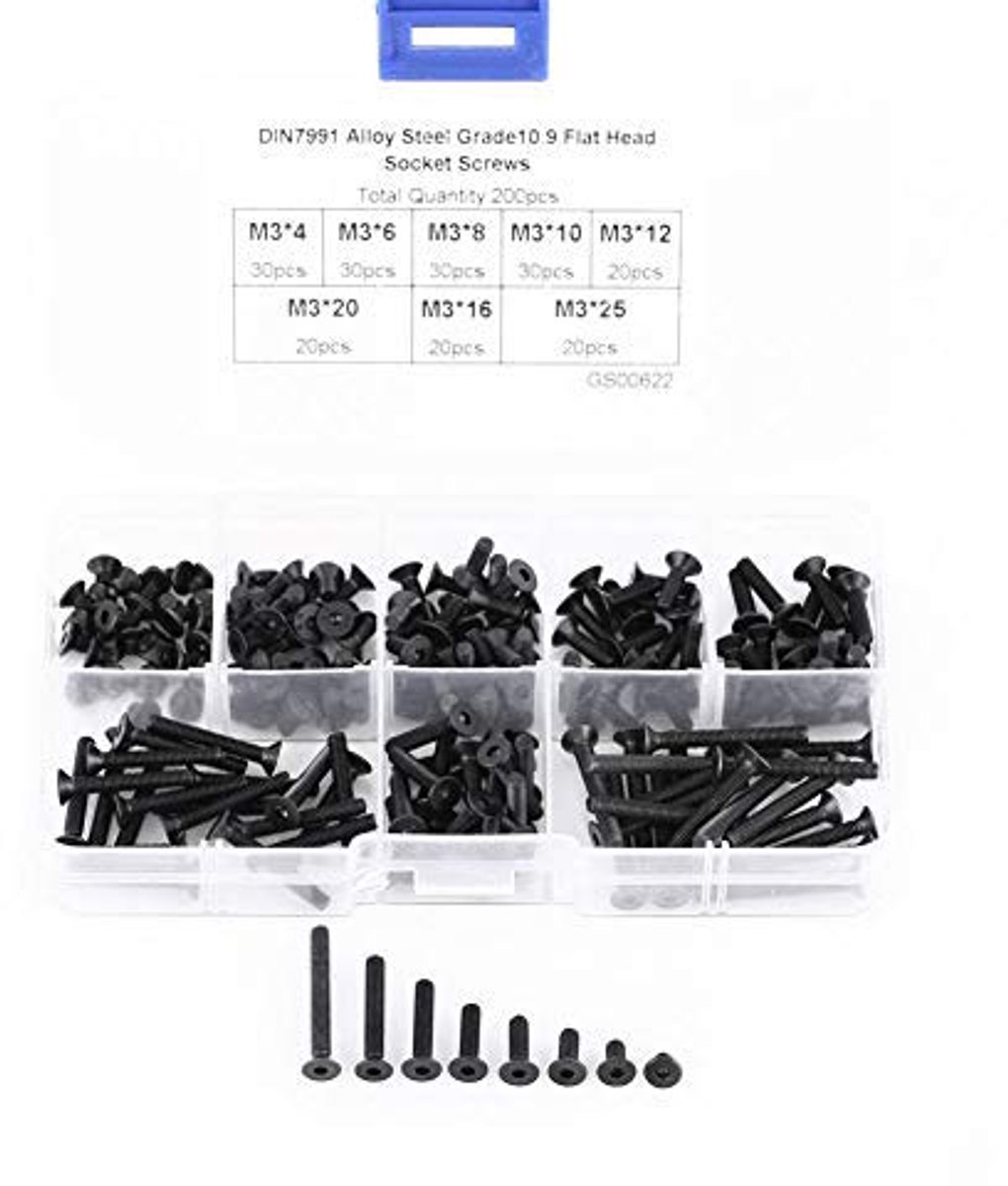 Set van 200 stuks M3 10,9 kwaliteit verzonken platte kop zeskantschroeven bouten voor machinebevestiger, assortimentskit, 4-25 mm
