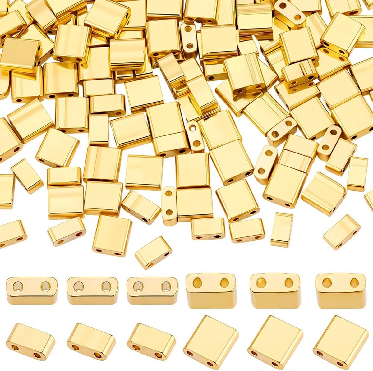 200pcs 2 grootten dubbele gat glazen kralen, 2 gat zaad kralen rechthoek vlak gouden half tila spacer losse multistrand voor juweliersmaken DIY ambacht armband halve