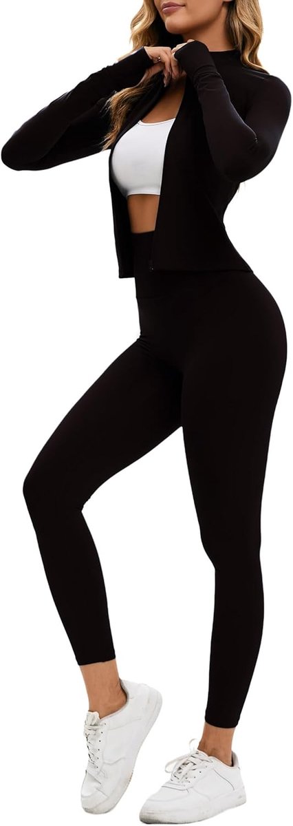 trainingsset voor dames, trainingsset met lange mouwen en ritssluiting en atletische hoge taille leggings trainingsset