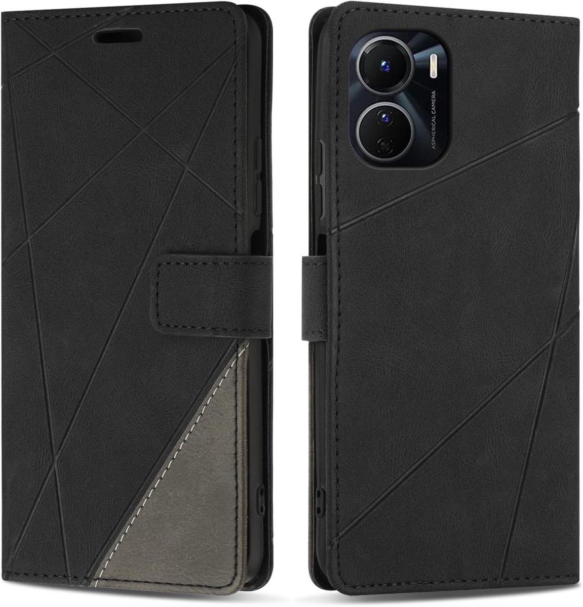Hoesje voor VIVO Y16, Premium Lederen Portemonnee Beschermhoes Telefoonhoesjes met Kaartenvakken Beschermhoesje voor VIVO Y16, Zwart
