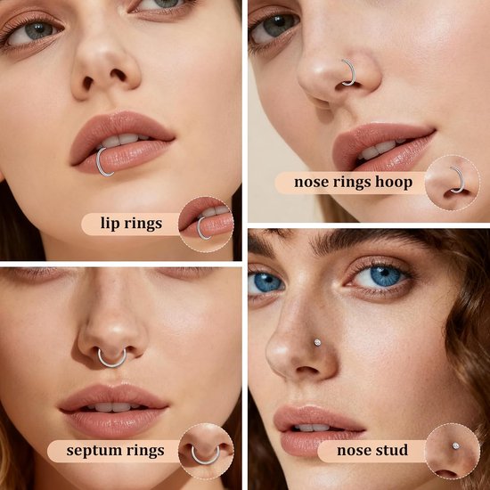 Neuspiercing, set van 22 stuks, 18G roestvrij staal, met neusring en neusstekers, septumpiercing, sieraden, lippiercing, goud- en zilver, voor neus, septum, lip, helix, tragus, daith — afbeelding 5