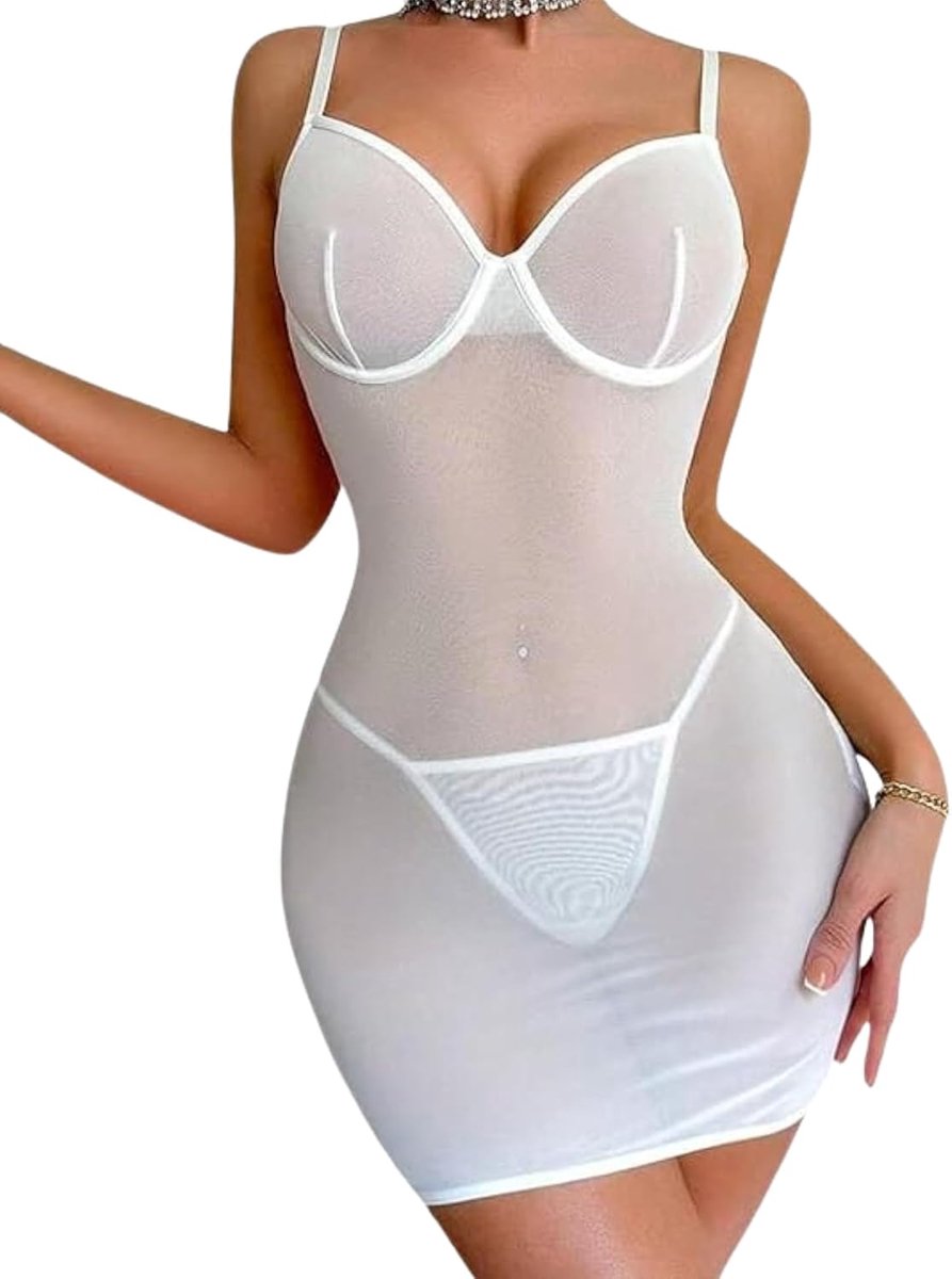 mesh babydoll lingerie voor dames, transparant negligé, sexy nachtkleding rugvrij koord beugel prikkelende mini-jurk verstelbare V-hals nachthemd