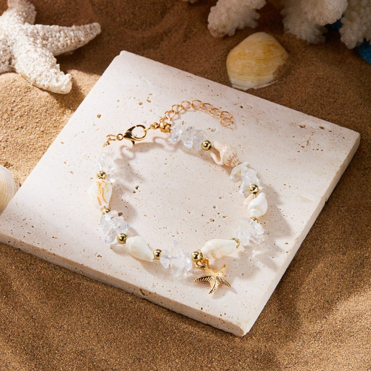 Damesarmband – 18+5 cm– Ketting met zeester en schelp (imitatie) – Armband van trommelsteentjes in strandstijl – Kralenketting met oceaanthema – Kralensieraden voor dames – Kralenketting voor feestjes met strandvibe – Geschikt voor dagelijks gebruik