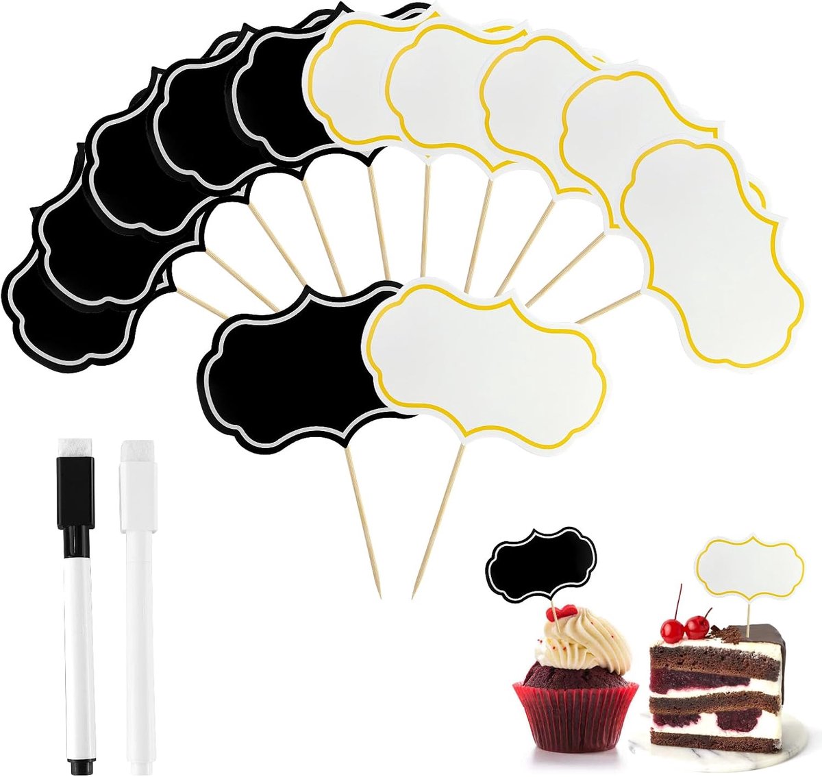 Vlaggen voor dressoir, tandkuur met vlag, 48 stuks voedseletiketten met 2 markers, leisteenlabel voor levensmiddelen, vorm van blanco papier, cupcake-spikes, taartdecoratie