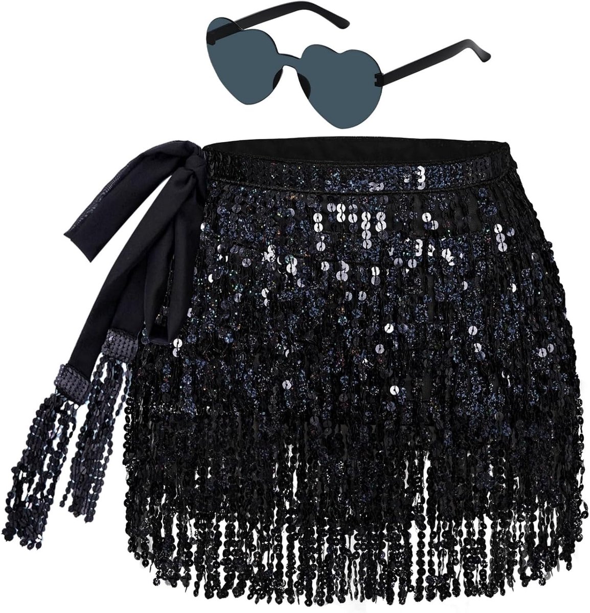 Glitterrok voor dames, franjes, glitter met hippiebril, mini-latijnrok, kort, buikdanskostuum, rave-kostuum voor vrouwen en meisjes
