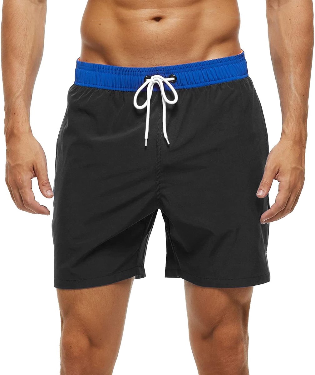 Zwembroek voor heren, met ritszakken, ademend, waterafstotend, trainingsshorts voor heren, elastisch, verstelbaar, met trekkoord en meshvoering, donkerblauw-zwart, M