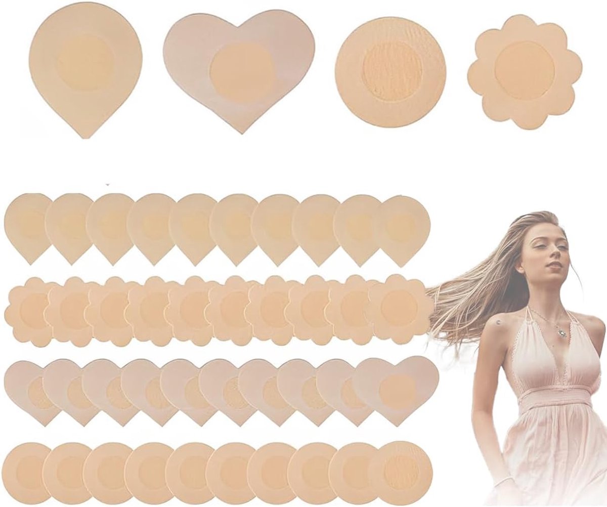 80 stuks zelfklevende onzichtbare plakpads voor tepels, onzichtbare wegwerppads voor dames, Beige, 4 vormen