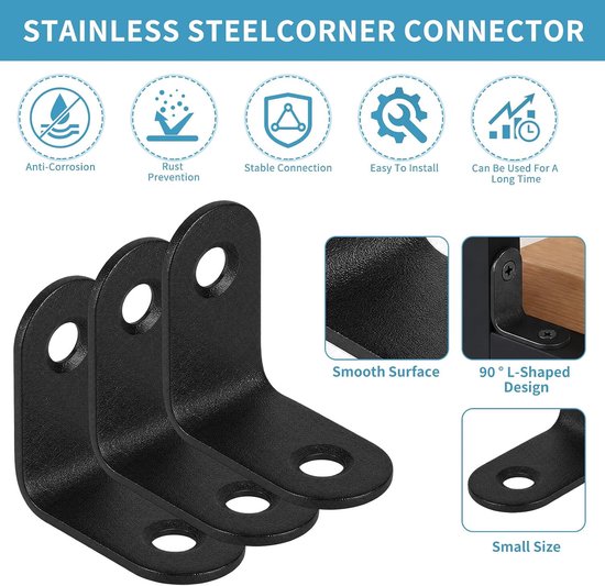 20 stuks hoekverbinders, zwart, 30 × 30 × 16 mm, roestvrij staal, stabiel - Montagehoek, 90 graden, L-vormig, met 40 schroeven, 2 gaten, eenvoudig te monteren, voor tafel, stoel, voor kasten — afbeelding 3