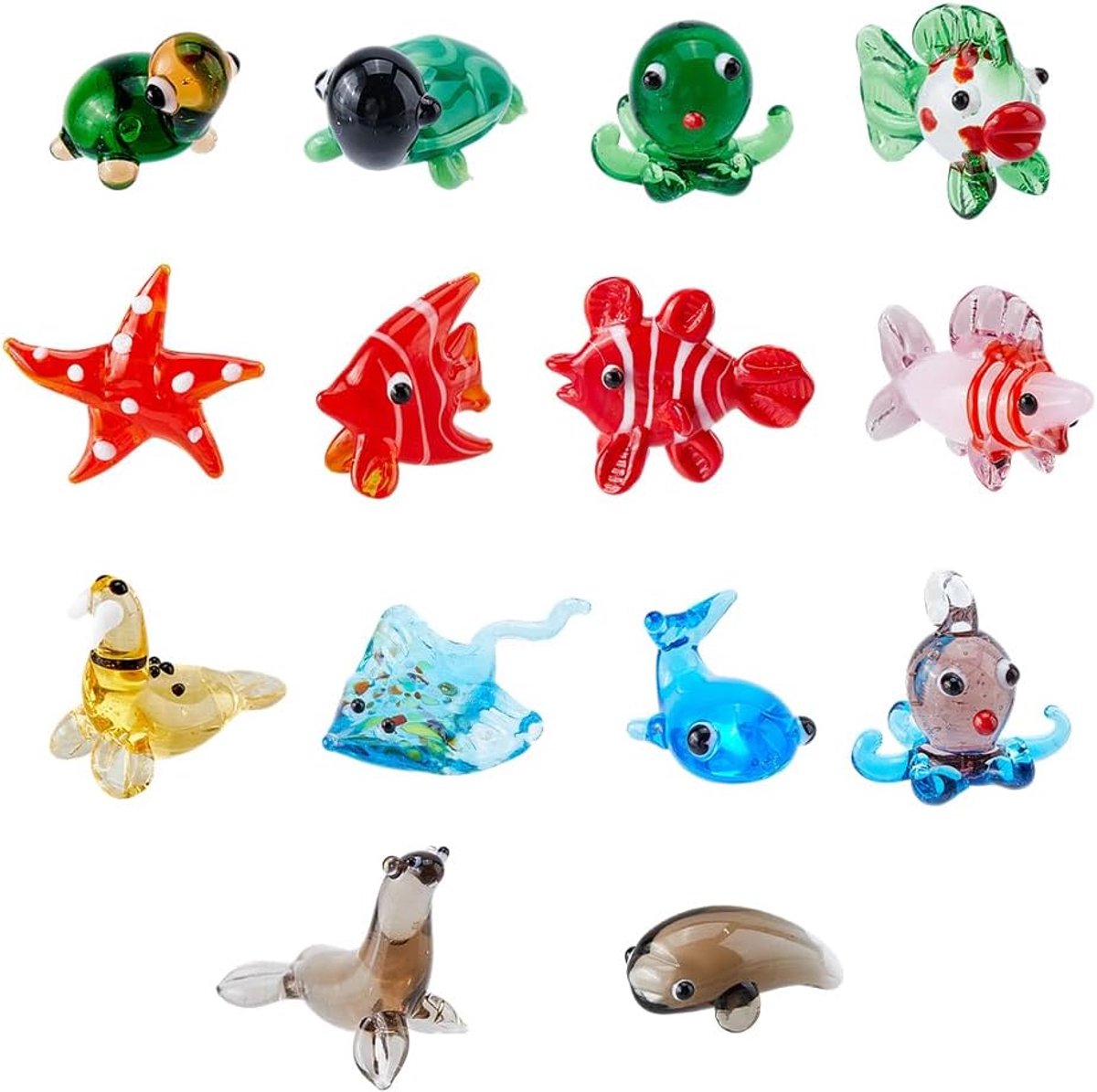 14 stuks handgeblazen glazen figuren, miniatuur, zeebewoners, decoratie, kleurrijke glasdecoratie voor octopus, walvis, schildpad, dolfijn, zeester, decoratie voor kantoor, thuis