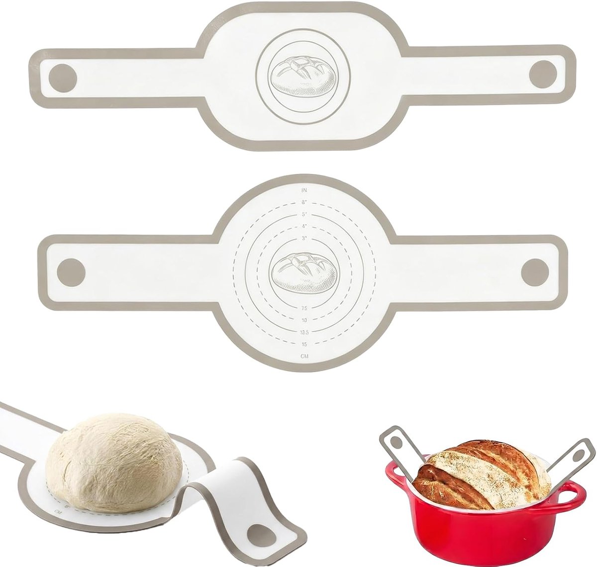 2 stuks siliconen bakmat, brood voor Dutch Oven, bakmat voor brood met hittebestendige handgrepen, anti-aanbaklaag, herbruikbare deegmat voor zuurdeegbrood, pizza (rond en ovaal) (meerkleurig)