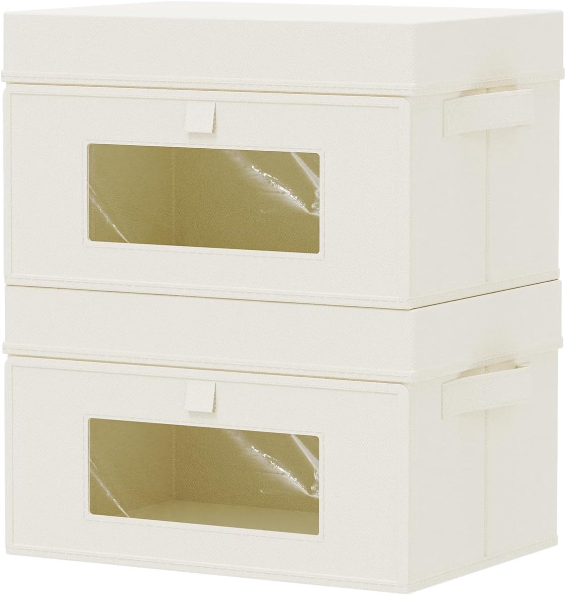 Opbergdoos met transparant kijkvenster, opbergdozen met deksel, kledingkastorganizer, vouwdoos voor kleding, 2 stuks, beige, 33 x 23 x 20 cm, XSNY18BEM-2