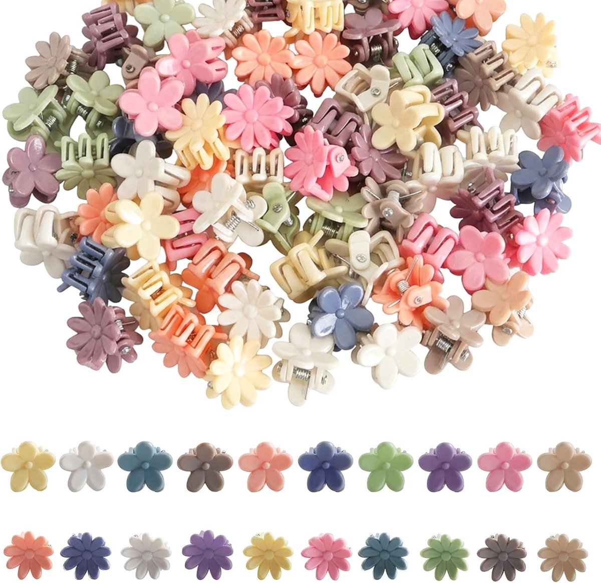100 stuks mini-bloemenhaarklemmen, kunststof haarklemmen, kleine bloemen, haarspelden, kleurrijke haarclips, kleine klauwclip, schattige haaraccessoires voor kinderen, vrouwen, dames, meisjes