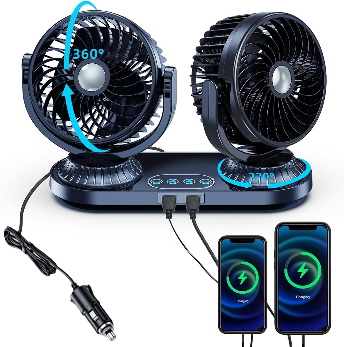 Autoventilator, 12 V, 24 V, sigarettenaansteker, dubbele kop, stille autoventilator met 2 USB-poorten, 3 snelheden, 270 graden oscillatie en 360° draaibaar, voor auto, vrachtwagen, SUV, camper