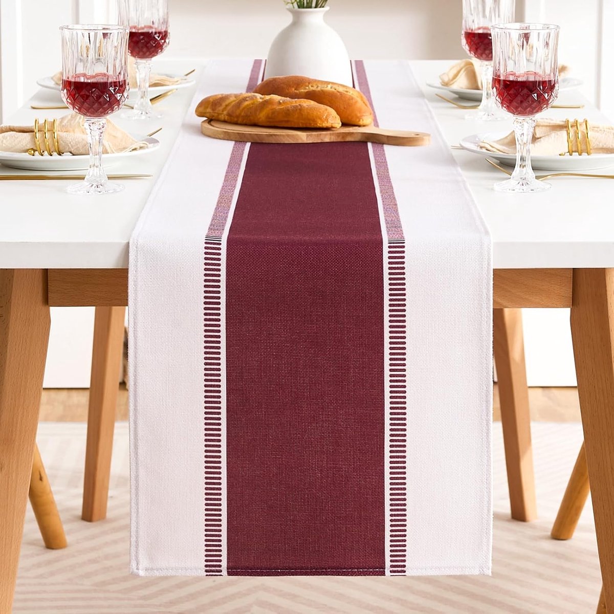 rode tafelloper van katoen-linnenmix, 33 x 183 cm, wasbare rechthoekige tafelkleden versierd met rode strepen, tafelloper, voor de decoratie van restauranttafels, lage consoles