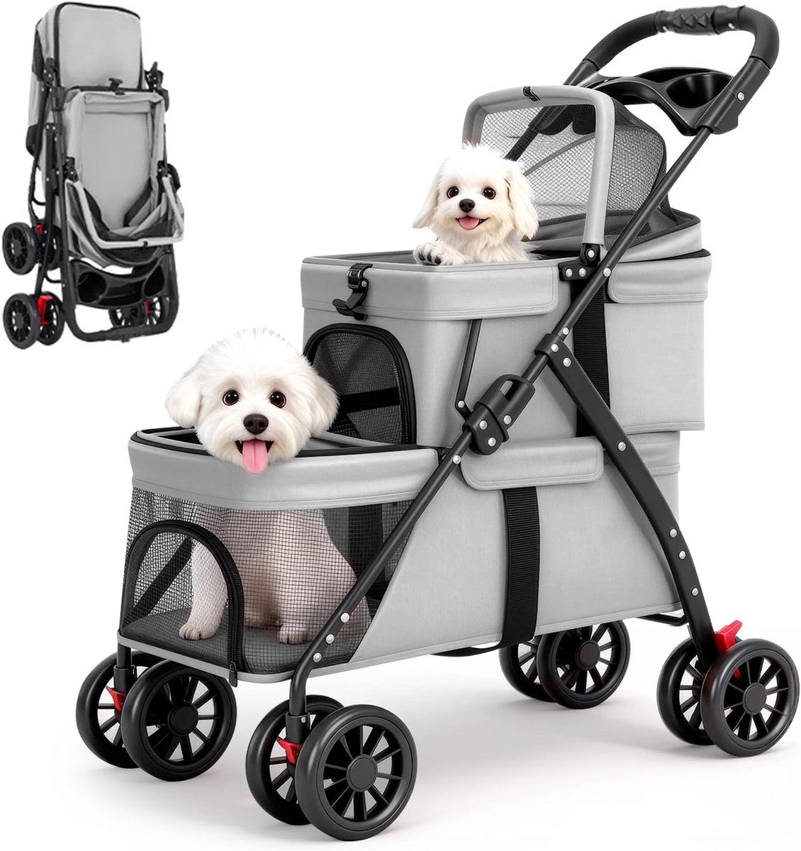 Hondenwagen met 2 etages, voor katten en honden, met zwenkwielen, voetrem en opbergtas, maakt het mogelijk om buiten te voeren, met netramen, inklapbaar