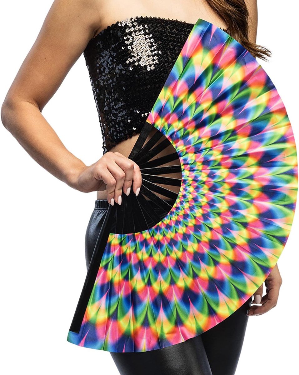 - UV-waaier Rave XL, handwaaier die oplicht onder blacklight, opvouwbare waaier voor carnaval, festivals en themafeesten