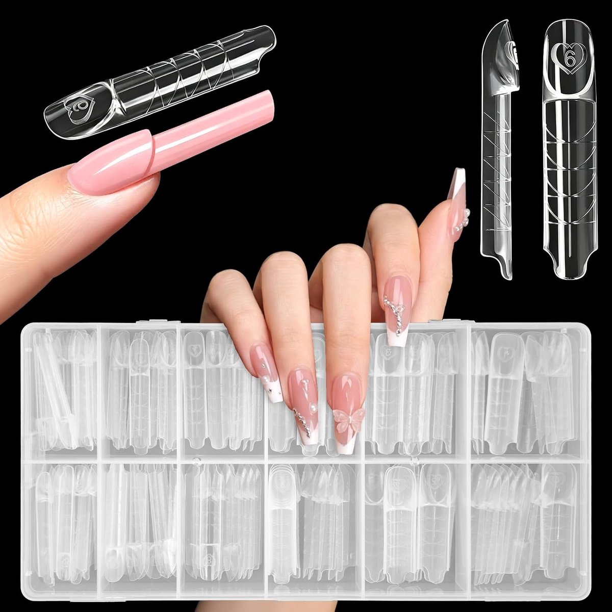 Nagelvormen set, 15 maten, 3D French nail, nagelverlengingsvormen, compatibel met polygel & builder gel, enz., voor nagelstudio, doe-het-zelf nail art, beginners (vierkant