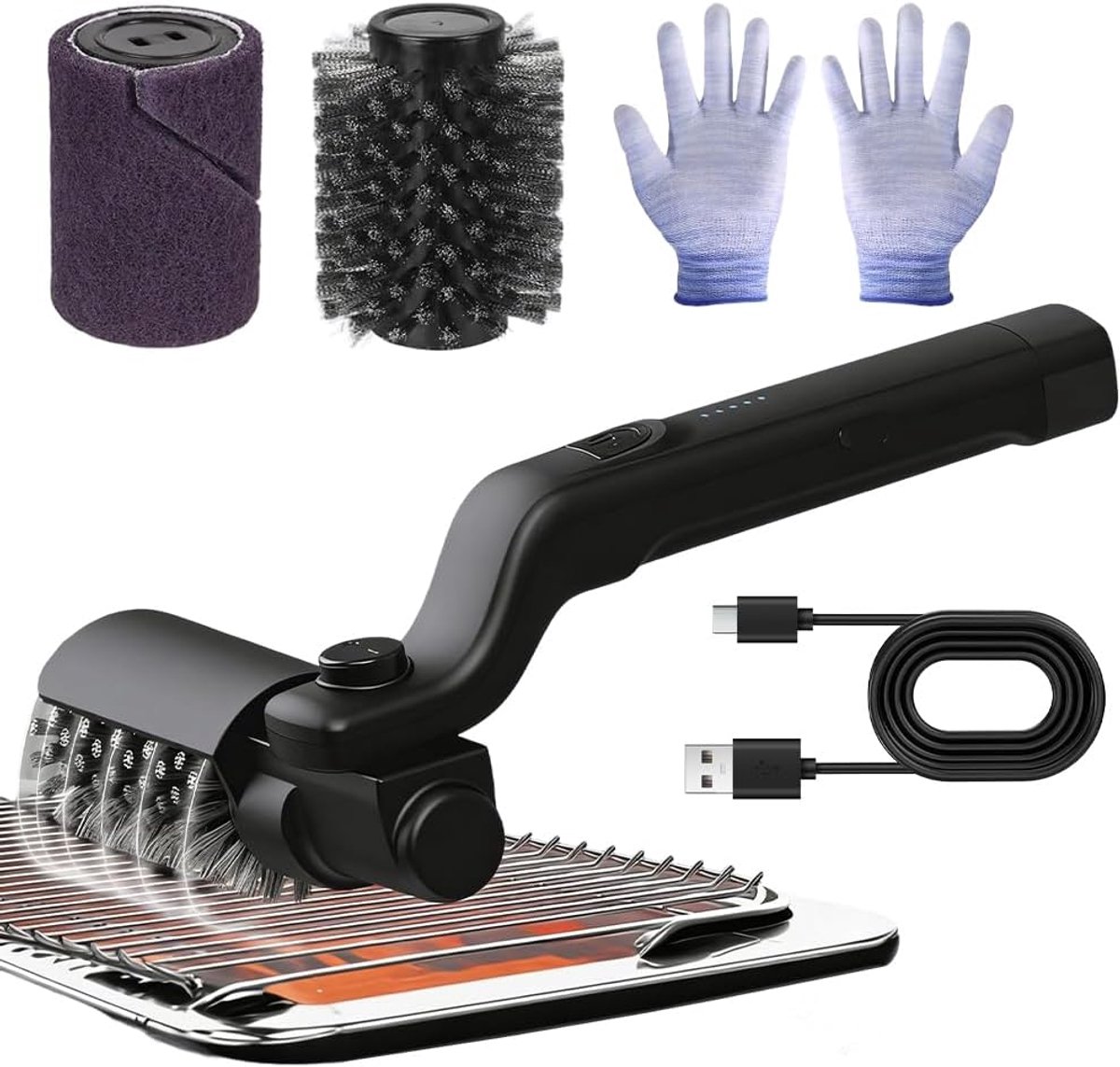 grillborstel en grillreiniger, 2-in-1, 400 omw/min, 360° rotatie, 3 standen, draadloos en oplaadbaar (USB-C), IPX7 waterdicht, met 2 borstelkoppen en accessoires, voor alle barbecues