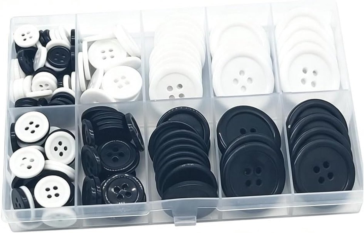 Knopen, 160 stuks, zwart en wit, set met 4 gaten, broekknopen, zwarte broek, grote knopen, voor kleding, overhemden, jassen, naaiaccessoires, in doos