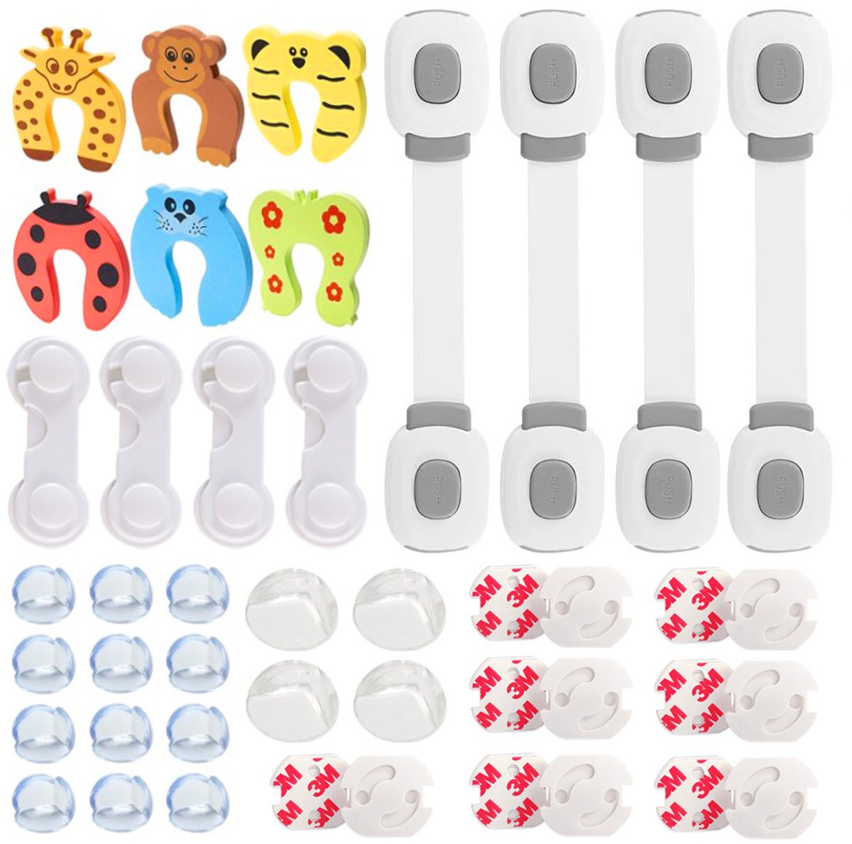 Namajunas - 44Stuks Veiligheidsset - Met 4 x Kinderslot Kastjes - 14 x Stopcontactbeveiliging - 16 x Hoekbeschermers Baby - 4 x Kinderslot - 6 x Deurvastzetter - Deurstopper - Deurstoppers voor binnen - Kastbeveiliging voor kinderen - Baby Veiligheid