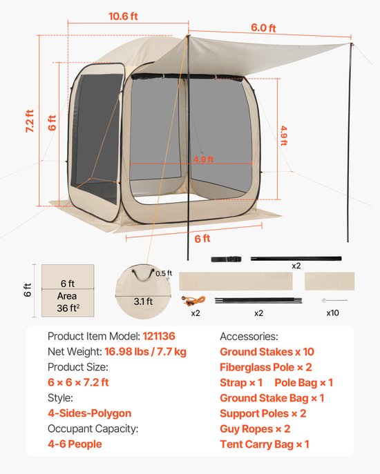 Opvouwbare Campingtent, 182,88 X 182,88 X 219,4 cm, Tent met Uitschuifbare Luifel, Geschikt voor 4-6 Personen, Inclusief Draagtas en Zijwanden, Ideaal voor Terras en Buitengebruik, Beige — afbeelding 3