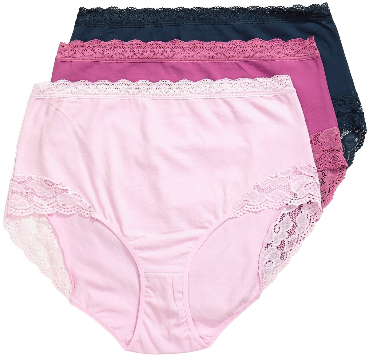 Ulla Popken - Dames - Maxislips set van 3 hoge taille kant OEKO-TEX - Nachtblauw - Maat 54+