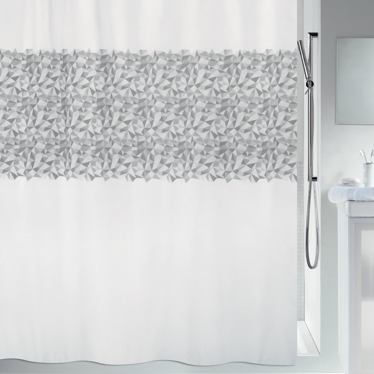 Spirella Iroko Textiel Douchegordijn Wit Grijs - 120 x 200 cm - Douchegordijnen voor Kleine Doucheruimtes