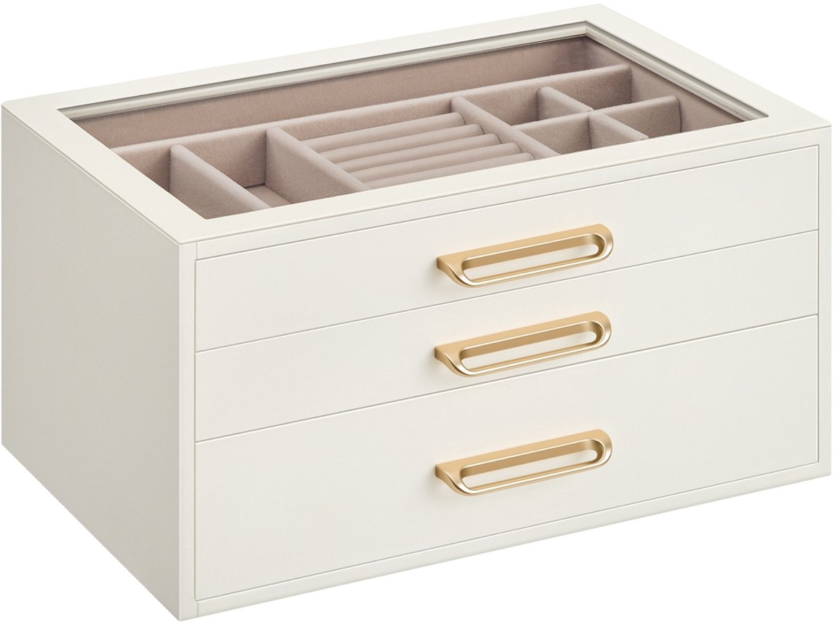 Sieradendoos – 3 lagen – glazen deksel – 16 × 24 × 12 – 5 cm – Crèmewit