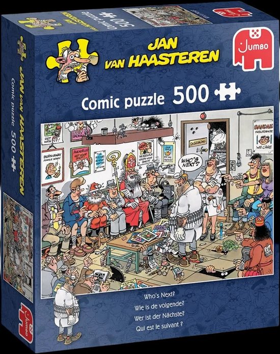 Jan van Haasteren Comic puzzle 500+ 'Wie is de volgende?' doos met komische illustratie van mensen in een kamer.