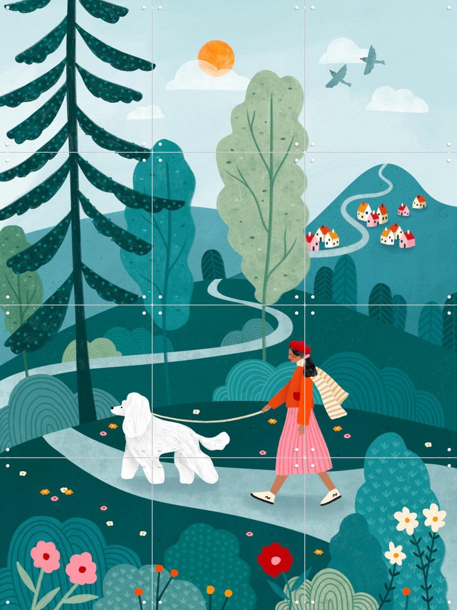 IXXI Poodle Walk, Bea Müller & Various - 60 x 80 cm - Gratis ophangtool - Grote wanddecoratie en posters - Modern, Fantasierijk, Kleurrijk, Speels