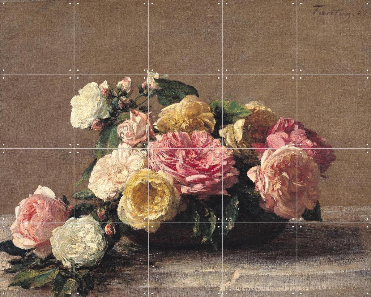 IXXI Roses in a Dish, Henri Fantin-Latour & Bridgeman Images - 100 x 80 cm - Gratis ophangtool - Grote wanddecoratie en posters - Klassiek, Realisme
