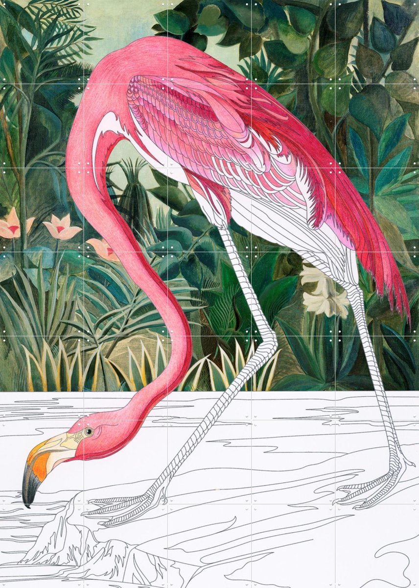 IXXI A Flamingo Reimagined, Marja van den Hurk - 100 x 140 cm - Gratis ophangtool - Grote wanddecoratie en posters - Kleurrijk, Speels, Line art