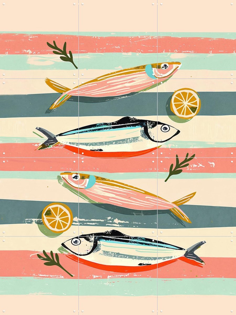 IXXI Sardines on Stripes, Branka Kodžoman - 60 x 80 cm - Gratis ophangtool - Grote wanddecoratie en posters - Kleurrijk, Speels, Strepen, Eetkamer