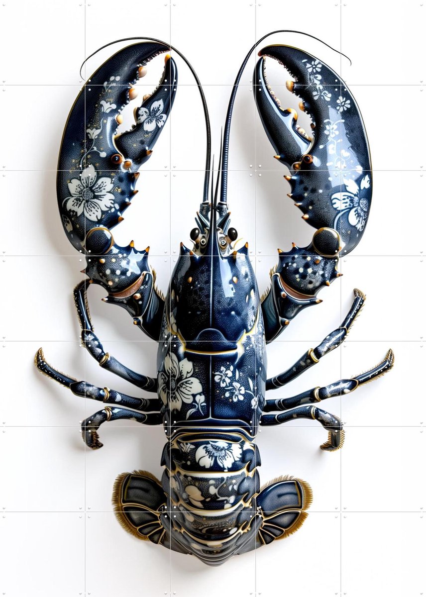 IXXI Lobster in Delft Blue Floral Porcelain Style, OTTI - 100 x 140 cm - Gratis ophangtool - Grote wanddecoratie en posters - Ornamenteel Ontwerp