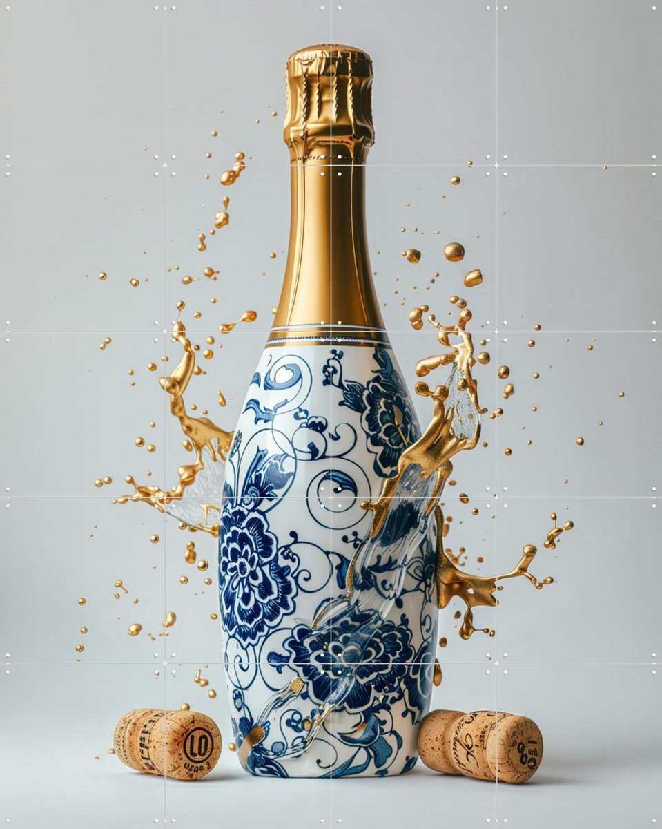 IXXI Delft Blue Champagne Bottle, OTTI - 80 x 100 cm - Gratis ophangtool - Grote wanddecoratie en posters - Digitale Kunst, Speels, Modern, Gang