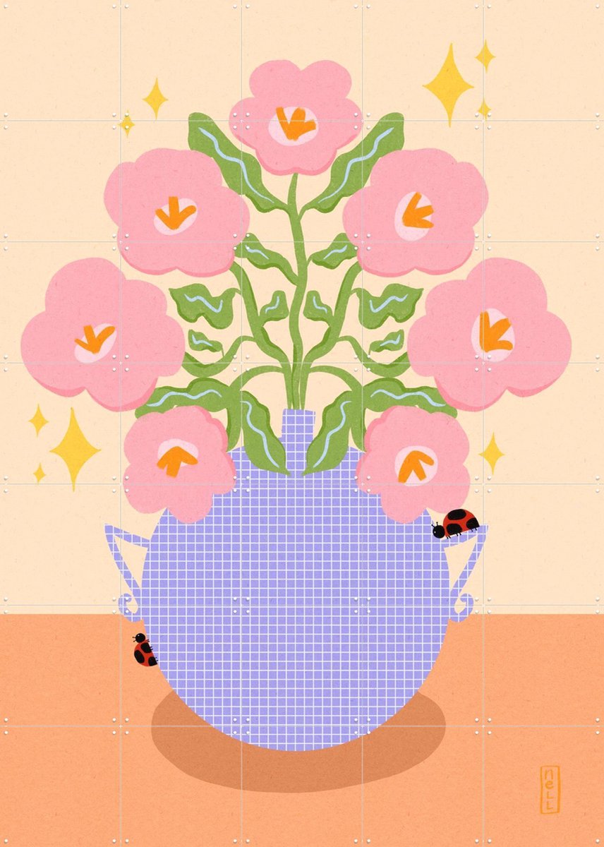 IXXI Pink Retro Flowers in a Vase Illustration, Dirkie Nell & Various - 100 x 140 cm - Gratis ophangtool - Grote wanddecoratie en posters -