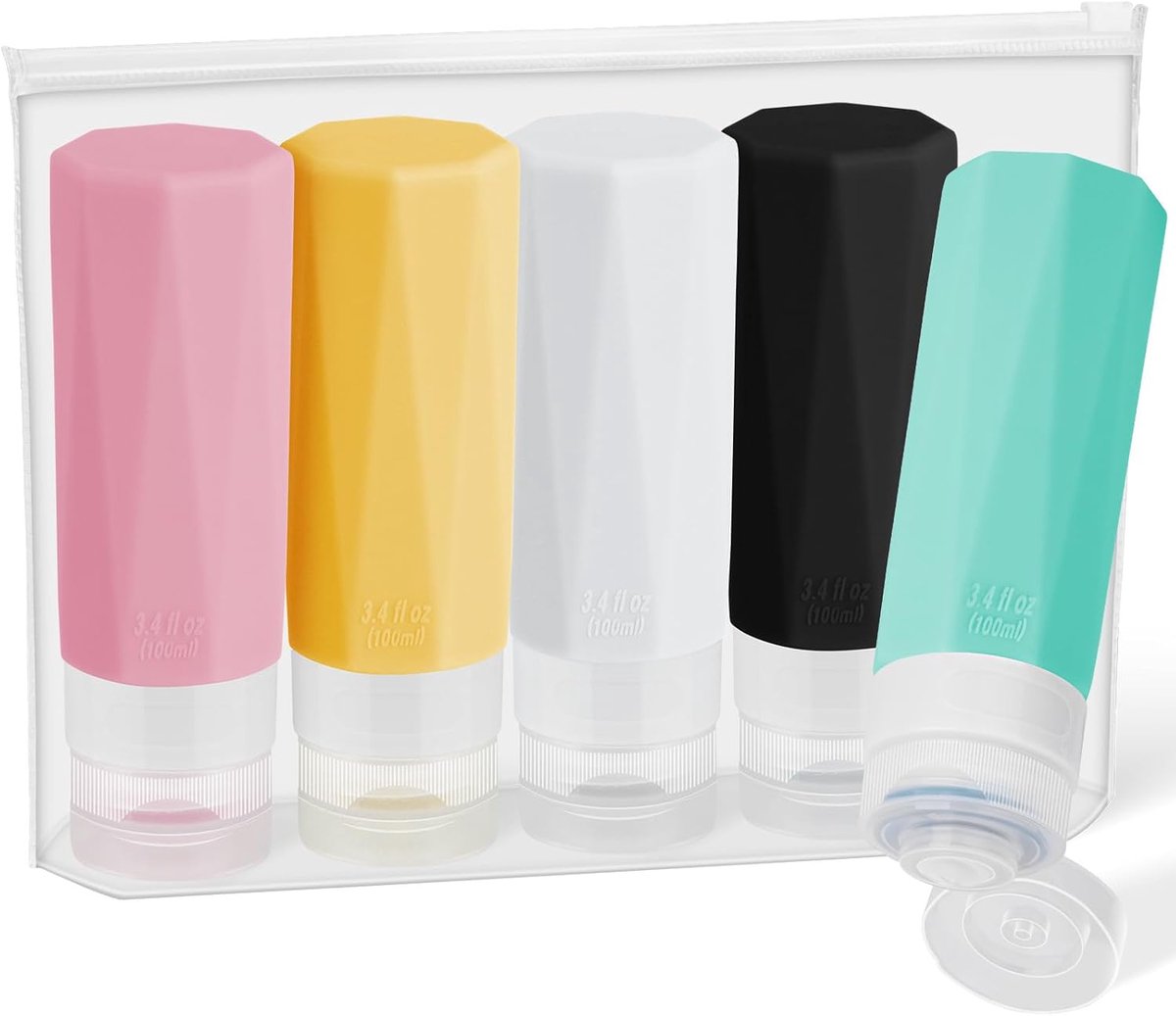 SnelShoppen - 5 Delen Herbruikbare Silicone Reisflessen 100ml - Lekvrije Reiskcontainers voor Vloeistoffen, Shampoo en Lotion met Opbergtas - Handbaga