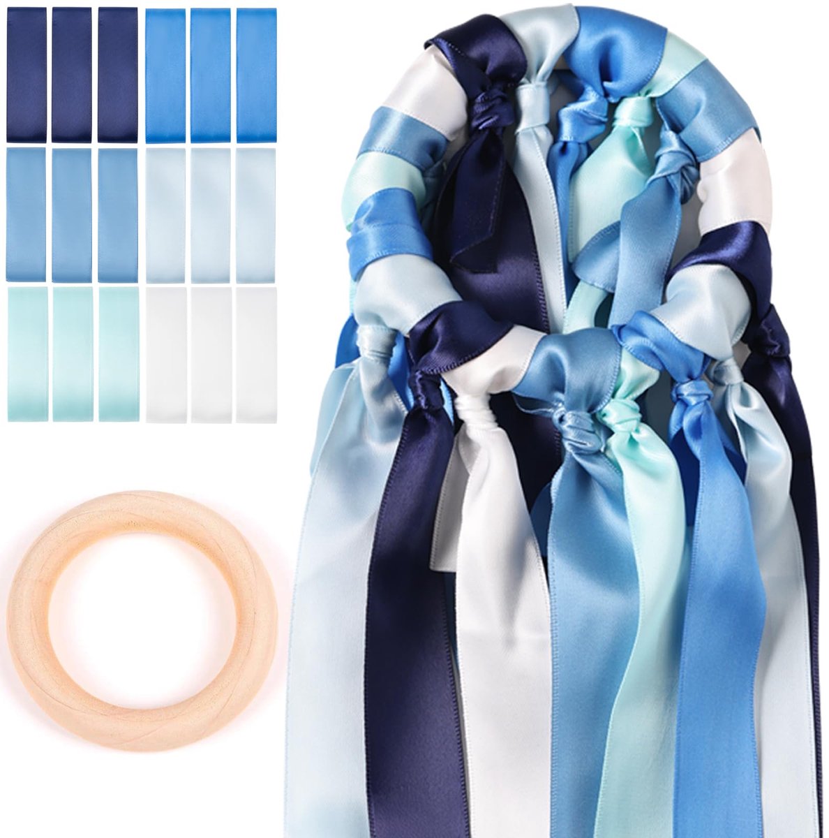 Satijnen lint, verpakking met 18 dubbelzijdige satijnen linten, inclusief houten ringen, satijnen lint, geschikt voor bruidsboeketten, feestdecoraties (blauw)