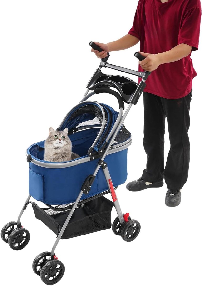 Hondenbuggy 3-in-1 - Hondenwagen Kattenbuggy - Reizen met Huisdier - Afneembare Mand - Tot 12 kg - Donkerblauw