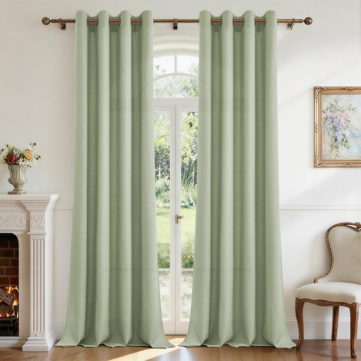 Gordijnen van Natuurlijk Linnen, Voile Raamdecoratie, Semi-Transparant met Ogen, Set van 2 Gordijnen voor Moderne Woonkamer en Slaapkamer, 140x260 cm, Groen