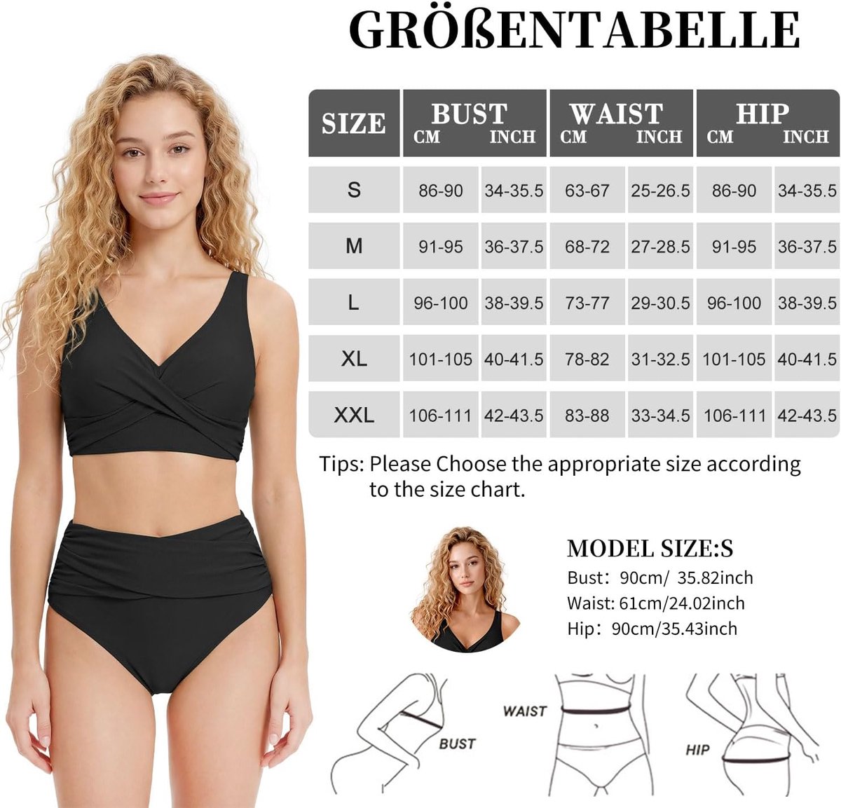 Bikini voor dames, zwart, buikweg-effect, hoge taille, elegante badmode, push-up, buikcontrole, zwempak