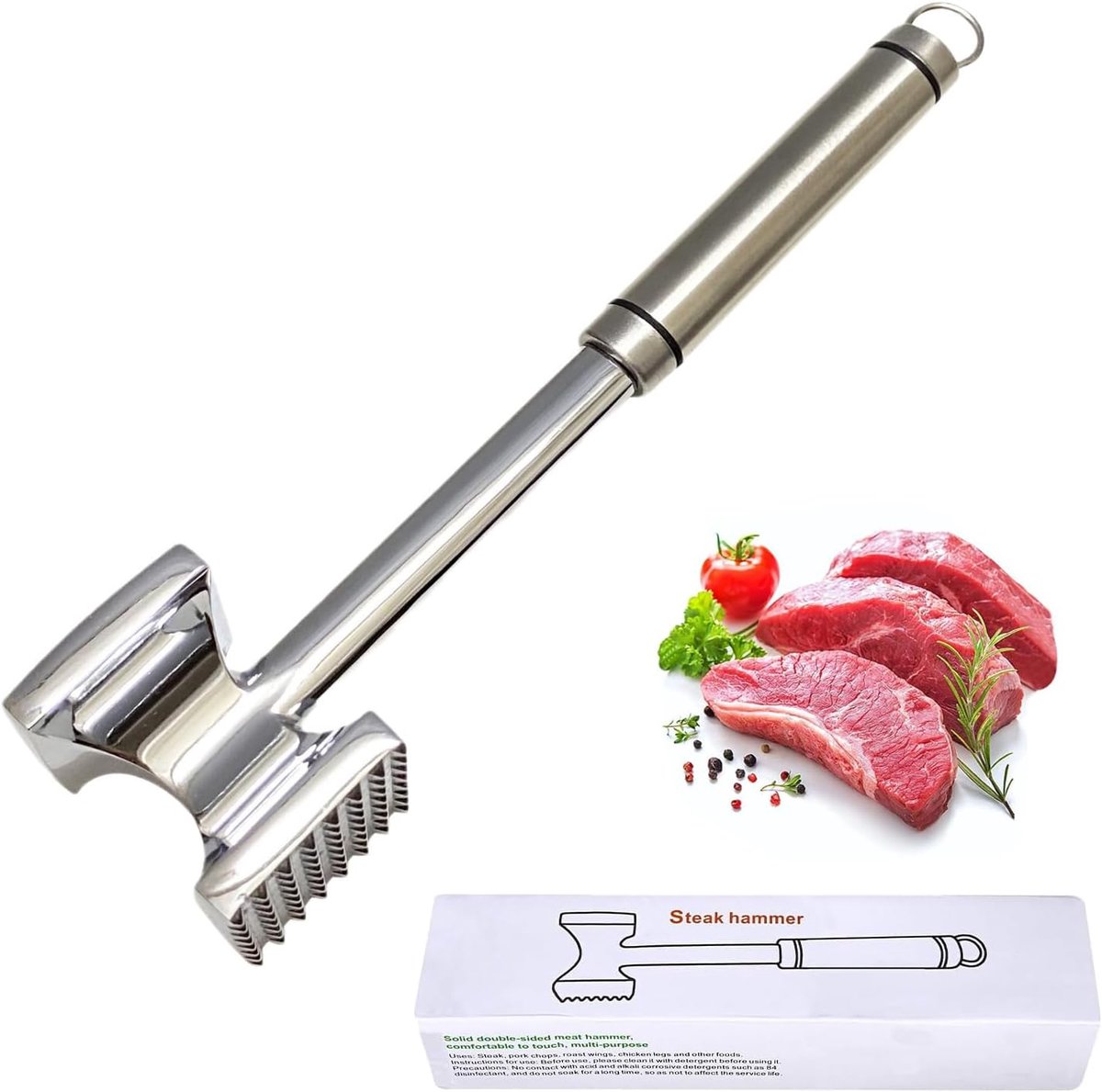 Vleesklopper van roestvrij staal, 28 cm, dubbelzijdige vleeshamer van roestvrij staal, premium schnitzelklopper hamer voor keuken, vaatwasmachinebestendig, steak zachtmaker, voor koteletten,