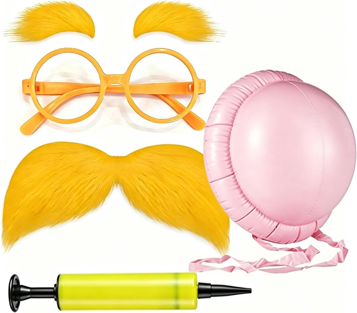 Snor om op te plakken, kostuumset met ronde bril en opblaasbare buik | 3 hoofddelen: nepbaard met wenkbrauwen en ronde bril, buik plus handpomp voor Halloween, carnaval en cosplay
