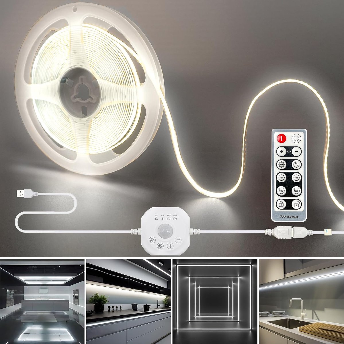 SnelShoppen - COB LED-strips USB 5V met Bewegingsdetector en Afstandsbediening, 3m Koud Wit 6500K, 8mm Breed, Instelbare Timer en Helderheid voor Kast