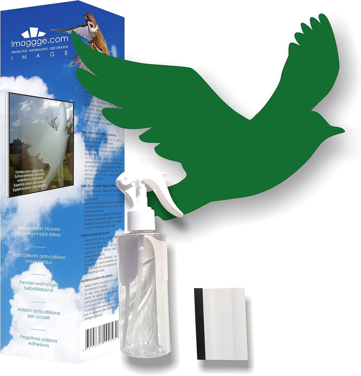 SnelShoppen - 22 Raamstickers Vogels - Voorkom Vogelbotsingen - Compleet Set met Spray en Trekschraper - Zelfklevende Silhouetten - Groen - Voor Ramen