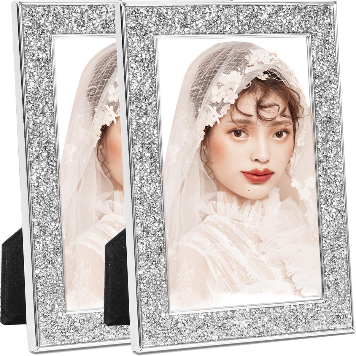 SnelShoppen - Glitter Fotolijst Set van 2 - 15 x 20 cm - Glazen Fotolijst - Zilver - Crystal Tafelblad - Horizontaal & Verticaal - Decoratieve Fotolij