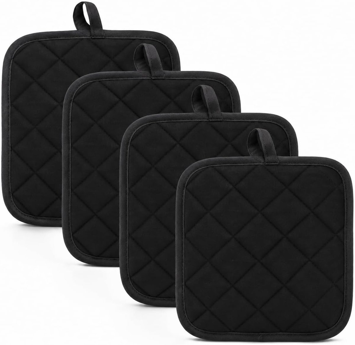 SnelShoppen - Pannenlappen 4 stuks zwart 18 x 18 cm hittebestendig katoen wasbare beschermlappen voor koken bakken oven magnetron keuken