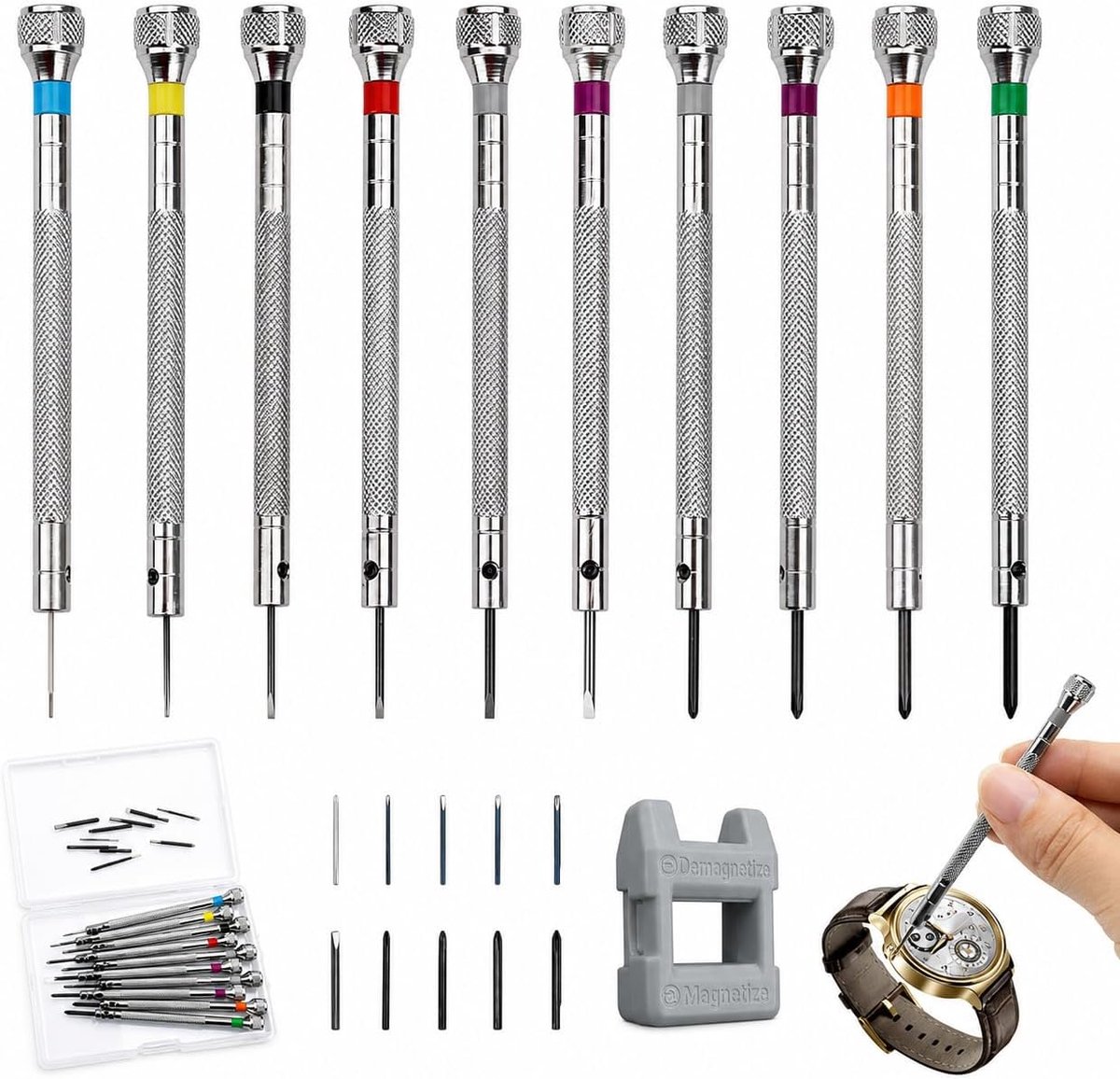 SnelShoppen - 10-delige Mini Precisieschroevendraaier Set voor Horloges, Brillen en Sieraden, 0.6-2.0 mm, Met Demagnetiseur, Hoogwaardige Staal
