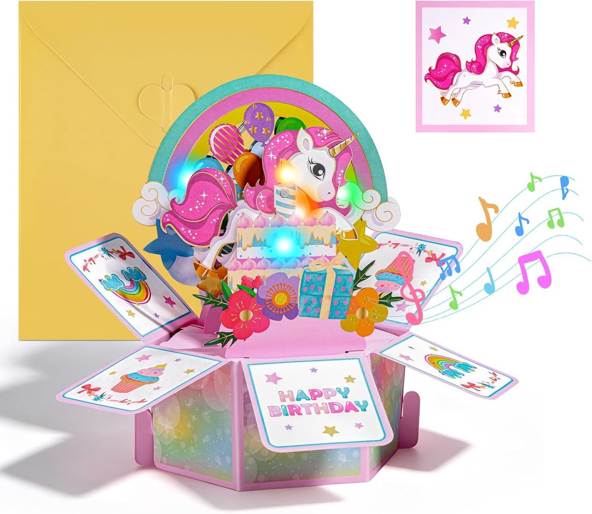 SnelShoppen - 3D Pop-Up Verjaardagskaart met Muziek en Licht - Magische Eenhoorn Kaart met Opblaasbare LED Kaars - Inclusief Envelop en Briefkaart - P