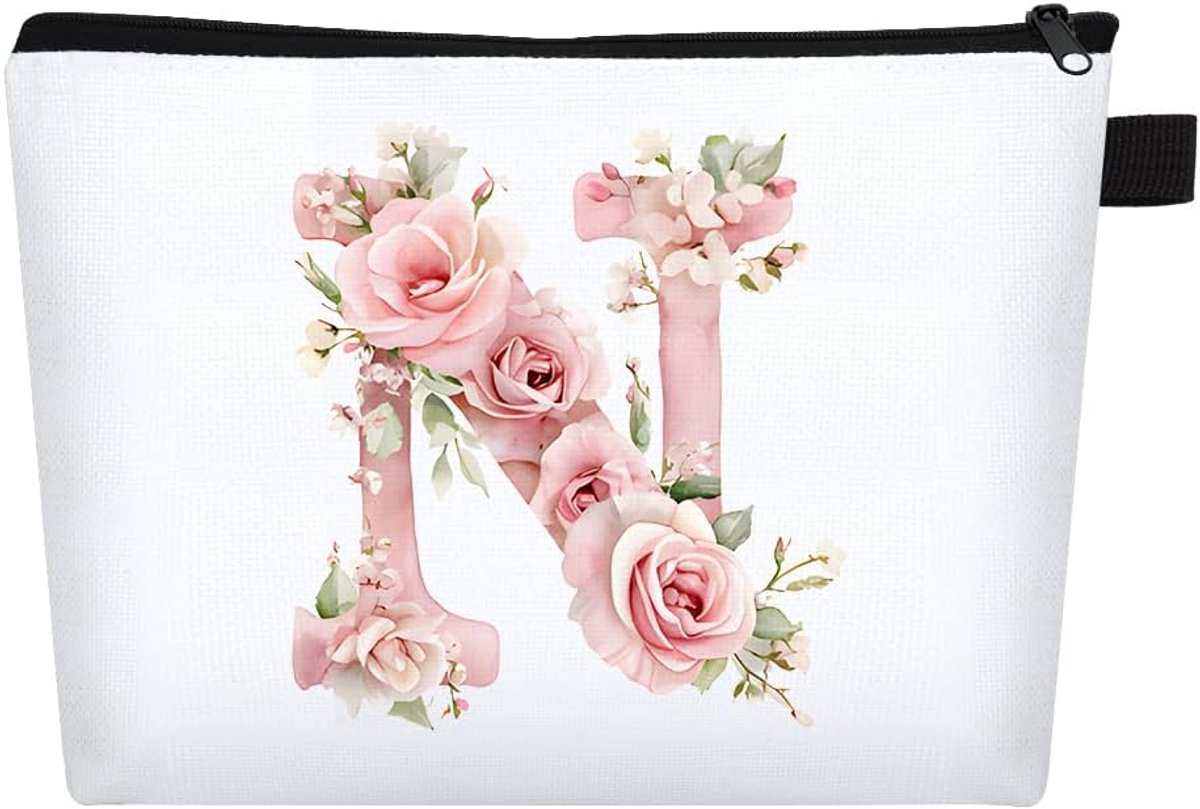 SnelShoppen - A-Z Cosmetic Bag - Kleine Make-up Tas voor Vrouwen - Persoonlijke Make-up Tas met Bloemletters - Perfecte Cadeau voor Verjaardag, Bruilo